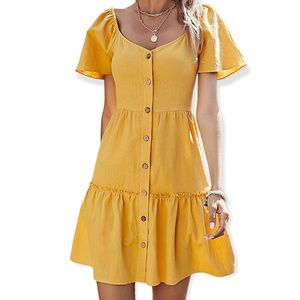 Rotita Mustard Yellow Button Up Sweetheart Neckline Mini Dress